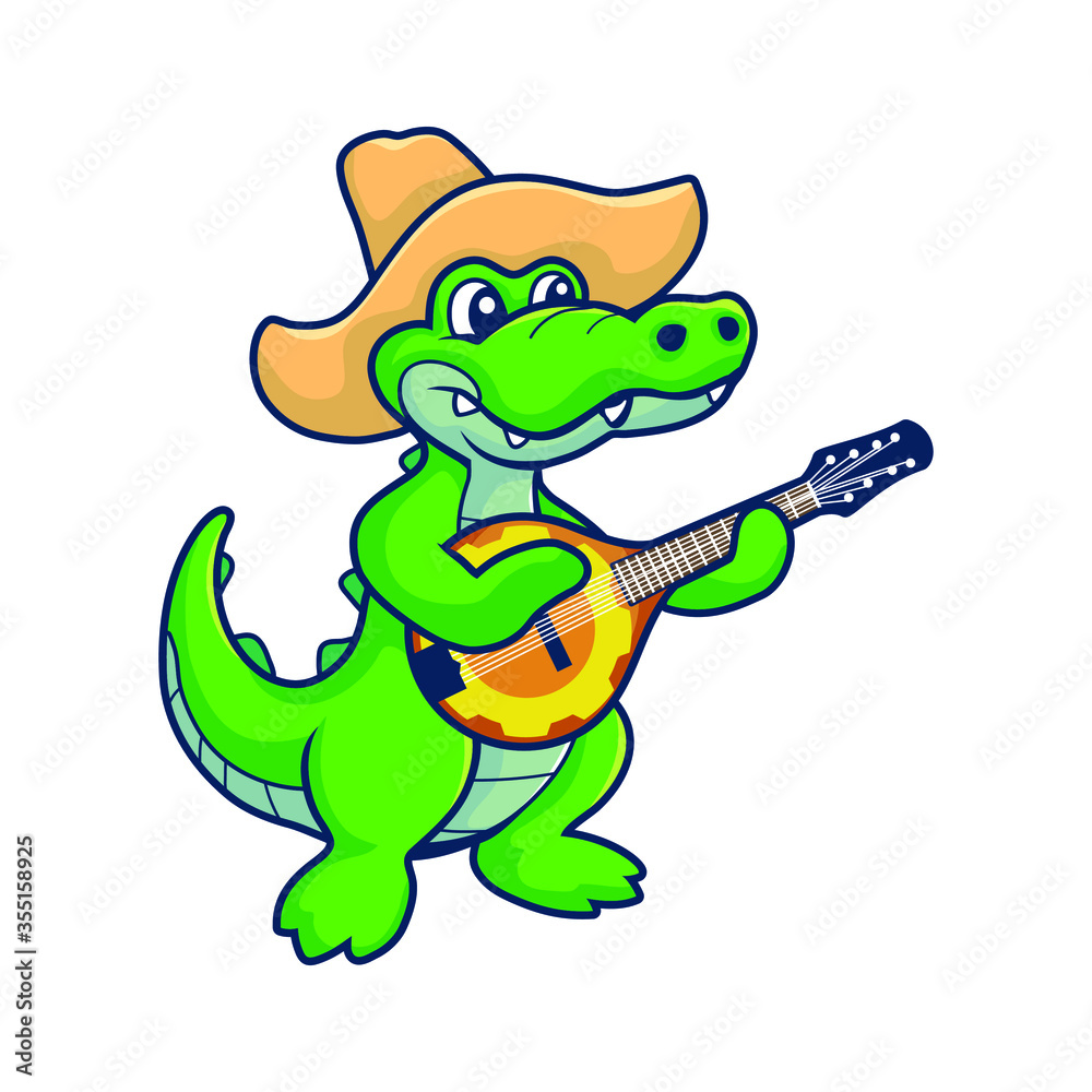 Naklejka premium green cartoon crocodile playing classic guitar with hat