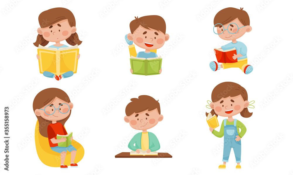 Kids in Sitting and Lying Pose Reading Book Vector Illustrations Set