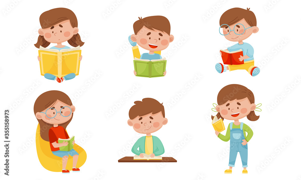 Kids in Sitting and Lying Pose Reading Book Vector Illustrations Set Kids in Sitting and Lying Pose Reading Book Vector Illustrations Set