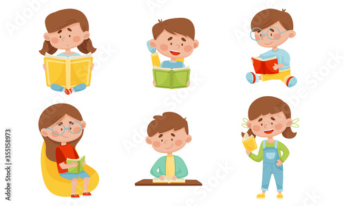 Kids in Sitting and Lying Pose Reading Book Vector Illustrations Set