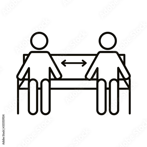 figures humans with arrows in park chair social distance line style