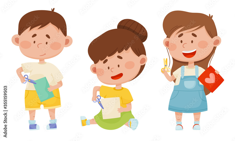 Children Holding Scissors and Doing Paper Craft Vector Illustrations Set Children Holding Scissors and Doing Paper Craft Vector Illustrations Set