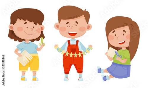 Children Holding Scissors and Doing Paper Craft Vector Illustrations Set