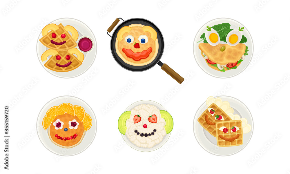Smiley Breakfast Food Arrangement or Serving with Waffle and Pancakes Above View Vector Set Smiley Breakfast Food Arrangement or Serving with Waffle and Pancakes Above View Vector Set