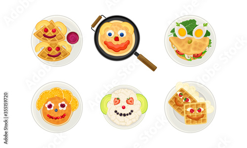 Smiley Breakfast Food Arrangement or Serving with Waffle and Pancakes Above View Vector Set