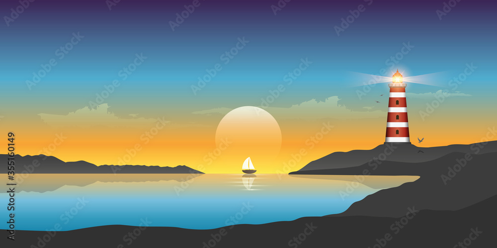 sailboat and lighthouse by the ocean at sunset beautiful seascape vector illustration EPS10