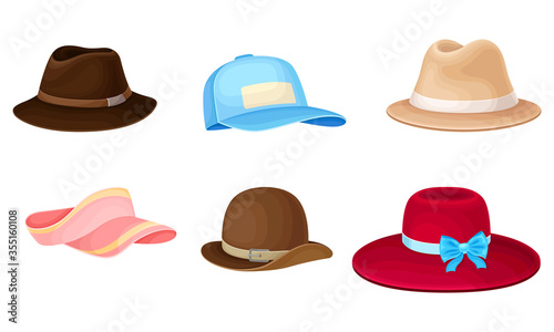 Female and Male Headwear or Headdress with Wide Brims Vector Set