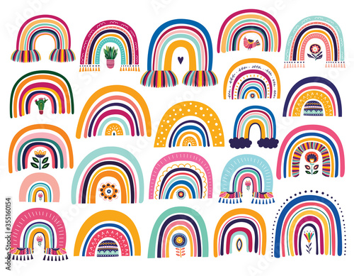Boho Rainbows Set. Abstract colorful trendy summer rainbows with clouds. Vector illustrations. Summer colorful pattern design. Funny rainbows for Party decoration 