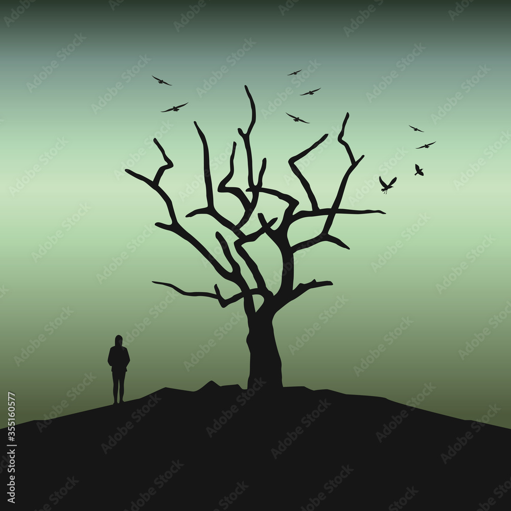 lonely girl in the dark by bare tree creepy landscape vector illustration EPS10