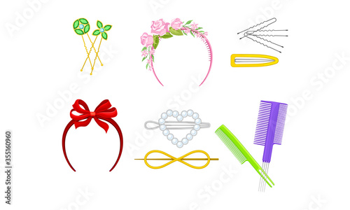 Plastic Hair Accessories with Comb and Hair Clips Vector Set