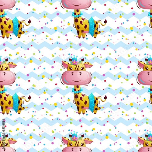 Cute princess girl giraffe in crown, beads and skirt. Vector seamless pattern for children in the style of cartoon