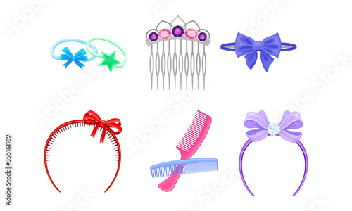 Plastic Hair Accessories with Comb and Hair Clips Vector Set