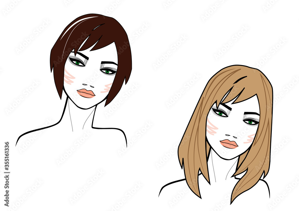illustration of short hair and long style women face on white background, colored illustration of short hair and long style women face on white background, colored