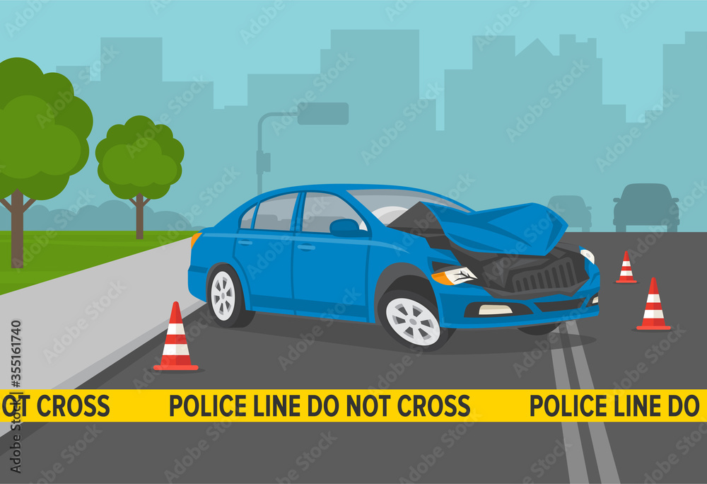 Driving a car. Do not cross yellow tape at road accident scene. Crashed car. Flat vector illustration. Driving a car. Do not cross yellow tape at road accident scene. Crashed car. Flat vector illustration.