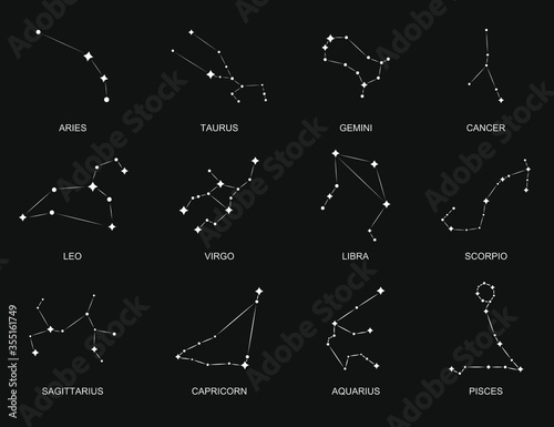 Isolated horoscope signs. Set Zodiac constellation. Aries taurus gemini cancer leo virgo libra scorpio pisces. Vector illustration EPS10