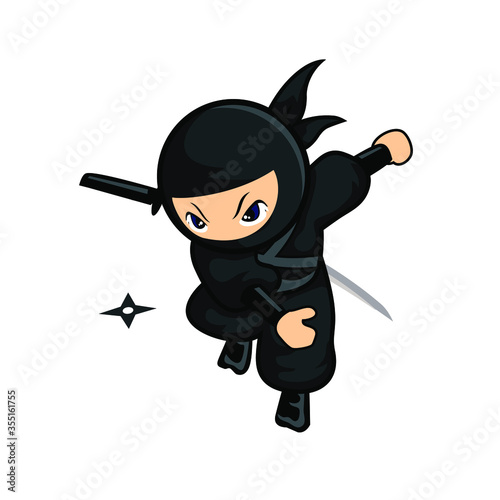 black cartoon ninja jumping and throw a dart from side
