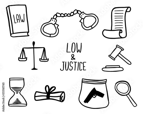 Law and justice icon set. Hand drawn vector illustration in doodle style. Isolated on white background.