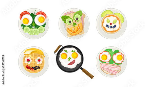 Smiley Breakfast Food Arrangement or Serving with Scrambled Egg and Sandwich Above View Vector Set