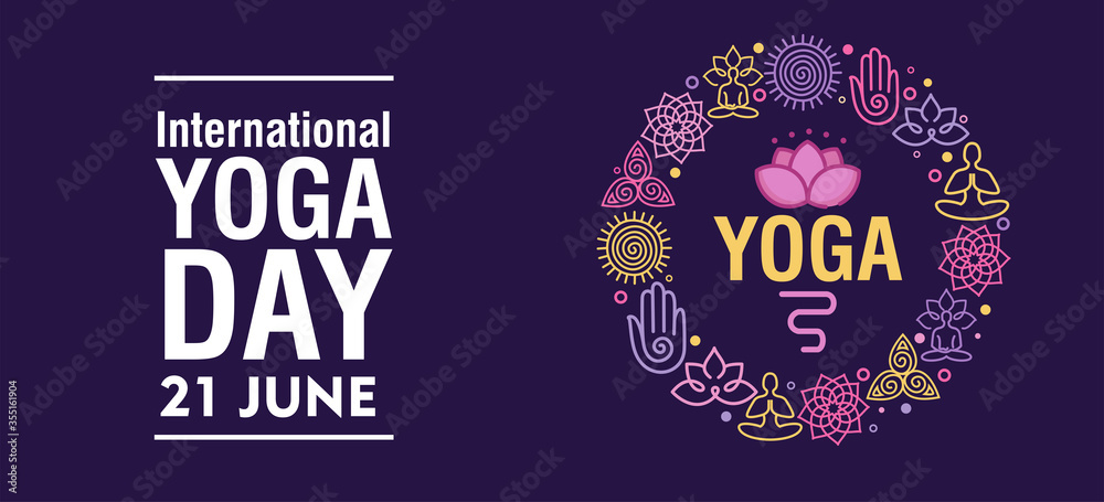 Fototapeta premium 21 june International yoga day web banner EPS10 vector.Meditation Practice Yoga Colorful Fitness Concept. Vector illustration 