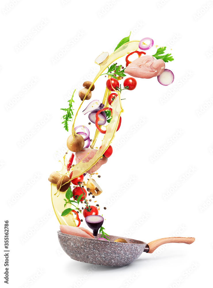 Cooking concept. Vegetables and bacon are falling on a pan isolated on white background. Healthy food. - obrazy, fototapety, plakaty 