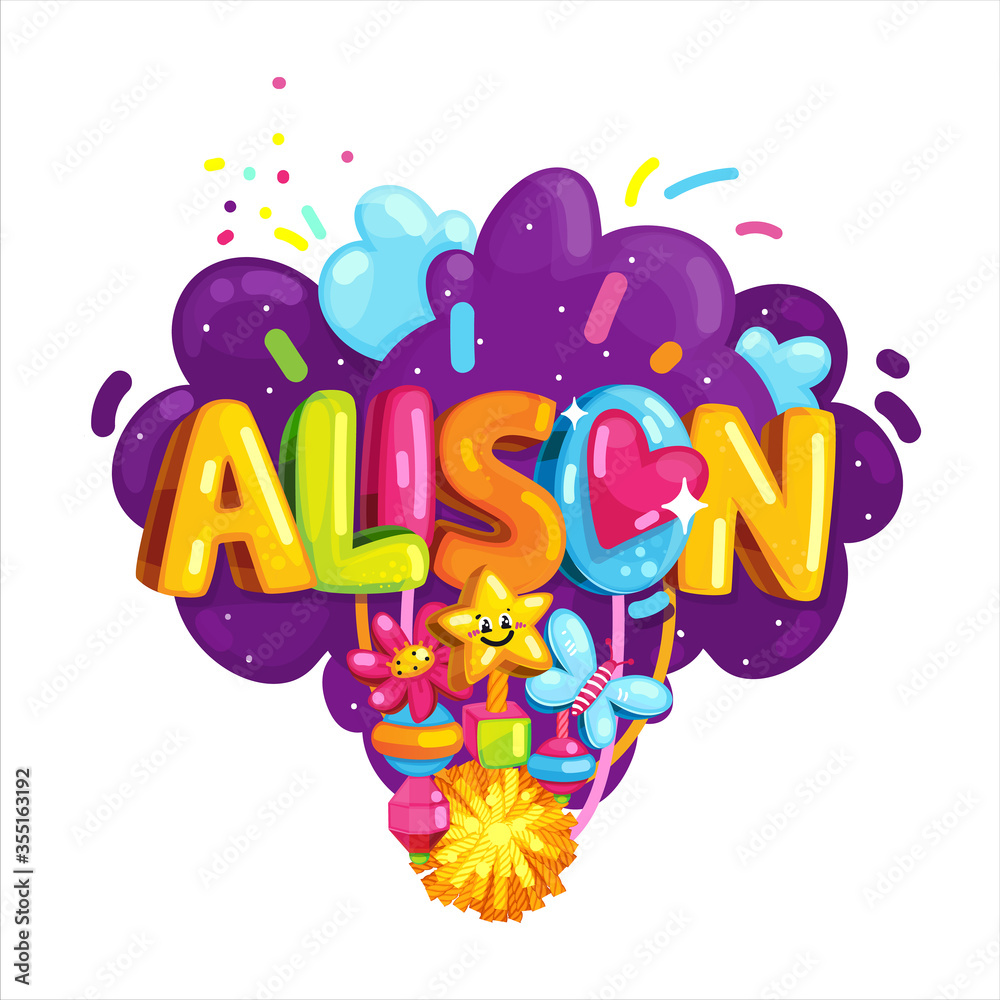 Alison girl name label on the white background. Kids vector color illustration