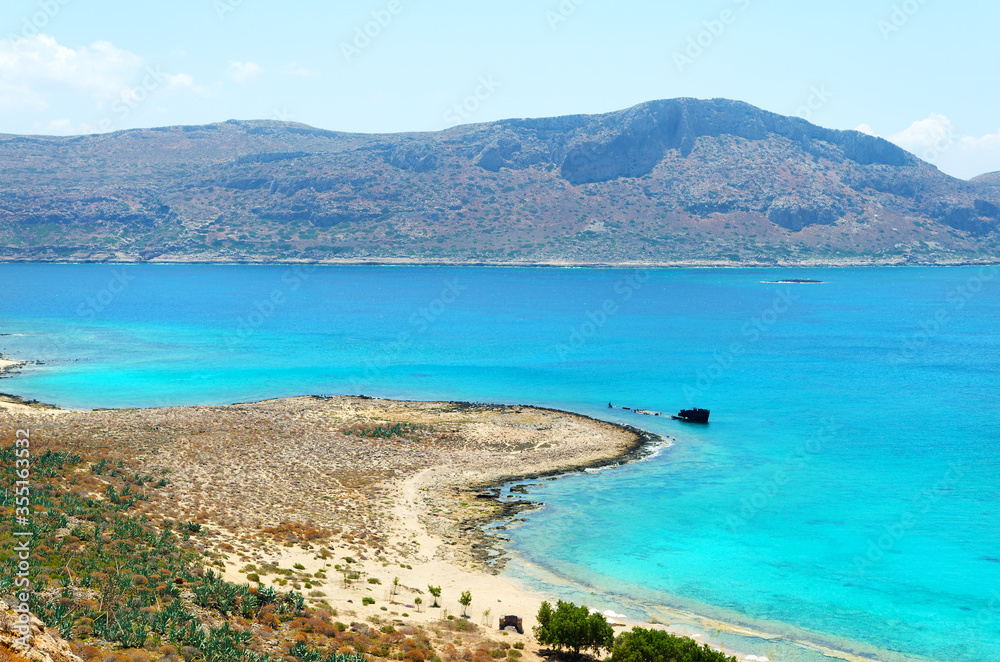 Greece Crete. Beautiful sea coast of Gramvousa island. Bird's eye view for sea and mountains. Postcard, offer or advertisement for travelers.
