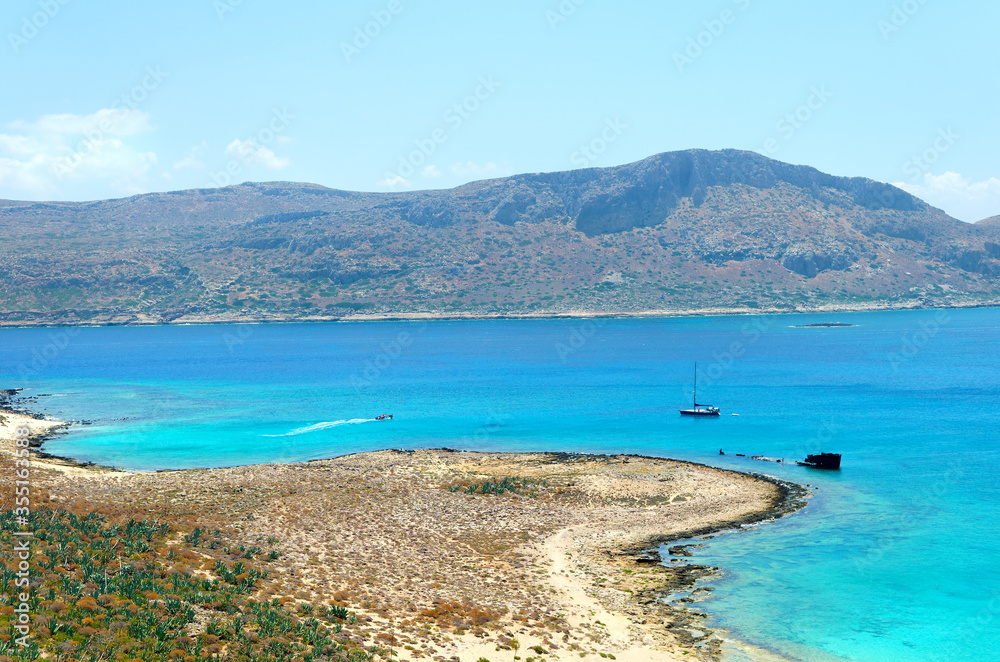 Greece Crete. Lagoon of Gramvousa island. Bird's eye view for sea and mountains. Postcard, offer or advertisement for travelers.
