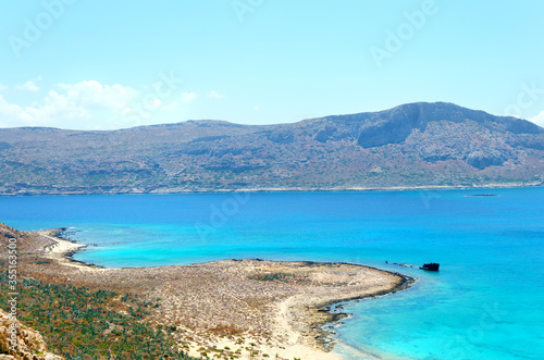 Greece Crete. Lagoon of Gramvousa island. Bird's eye view for sea and mountains. Postcard, offer or advertisement for travelers.