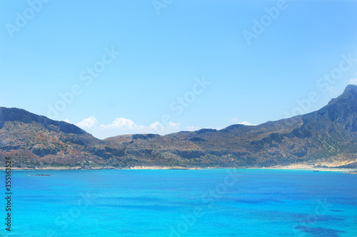 Greece Crete. Lagoon of Gramvousa island. Panoramic view for sea and mountains. Postcard  offer or advertisement for travelers.