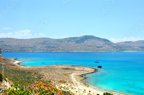 Greece Crete. Lagoon of Gramvousa island. Bird s eye view for sea and mountains. Postcard  offer or advertisement for travelers.