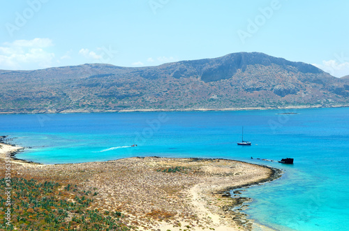 Greece Crete. Lagoon of Gramvousa island. Bird's eye view for sea and mountains. Postcard, offer or advertisement for travelers.