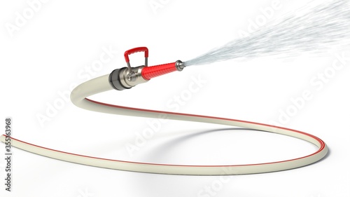fire hose with modern nozzle squirting water. isolated on white background. 3d illustration photo