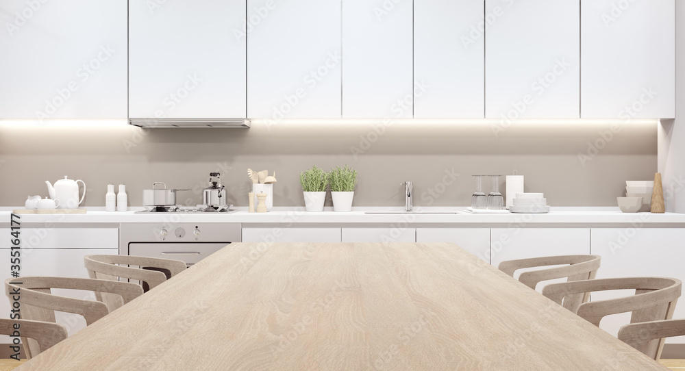 Cabinet and counter of modern kitchen in luxury house. Home interior 3d