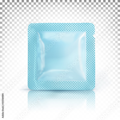 Square mini packaging for samplers of cosmetics, cream, sauces. Mock up blue color isolated on a white transparent background. 3d realistic vector template.