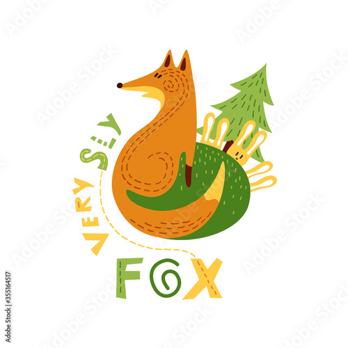 Print with cute sly fox and cowardly hares in flat design. Vector illustration in Scandinavian style. Concept for children, baby print.