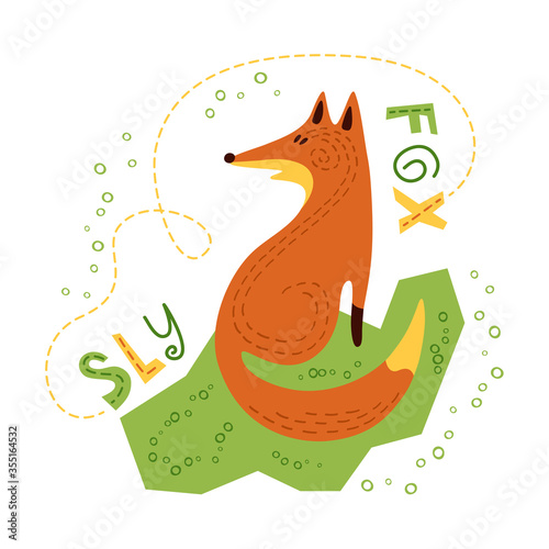 Print with cute sly fox in flat design. Vector illustration in Scandinavian style. Concept for children, baby print.