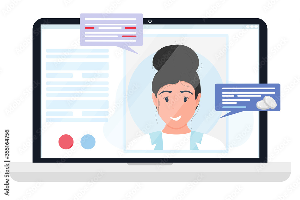 Virtual doctor app. Vector flat illustration. Laptop screen with woman therapist on chat in messenger. Mobile consultation, smart medical assistance. Online telemedicine, ehealth, clinic web site, app