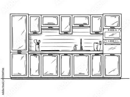 Hand drawn kitchen furniture. Vector illustration in sketch style