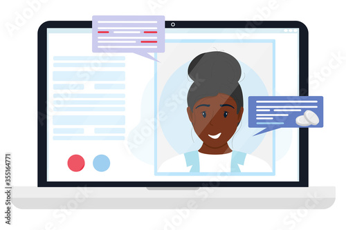 Virtual doctor app. Vector flat illustration. Laptop screen with woman therapist on chat in messenger. Mobile consultation, smart medical assistance. Online telemedicine, ehealth, clinic web site, app
