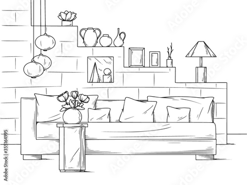 Sketch a cozy living room in boho style. Sofa, table and various decor elements. Vector illustration