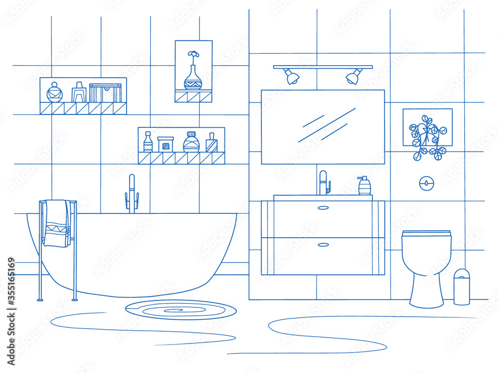 Hand drawn bathroom interior. Sketch bathtubs and other bathroom items. Vector illustration