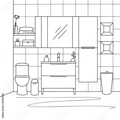 Sketch the bathroom. Toilet bowl, bathroom furniture and other items. Vector illustration