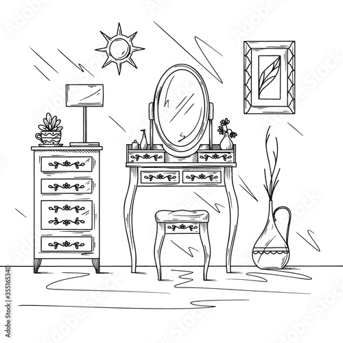 Sketch interior, dressing table and other furniture. Vector illustration