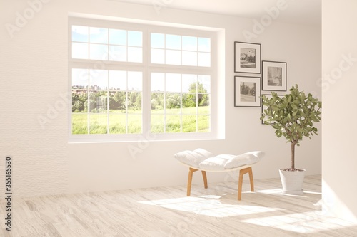 Fototapeta Naklejka Na Ścianę i Meble -  Idea of white stylish minimalist room with armchair and summer landscape in window. Scandinavian interior design. 3D illustration