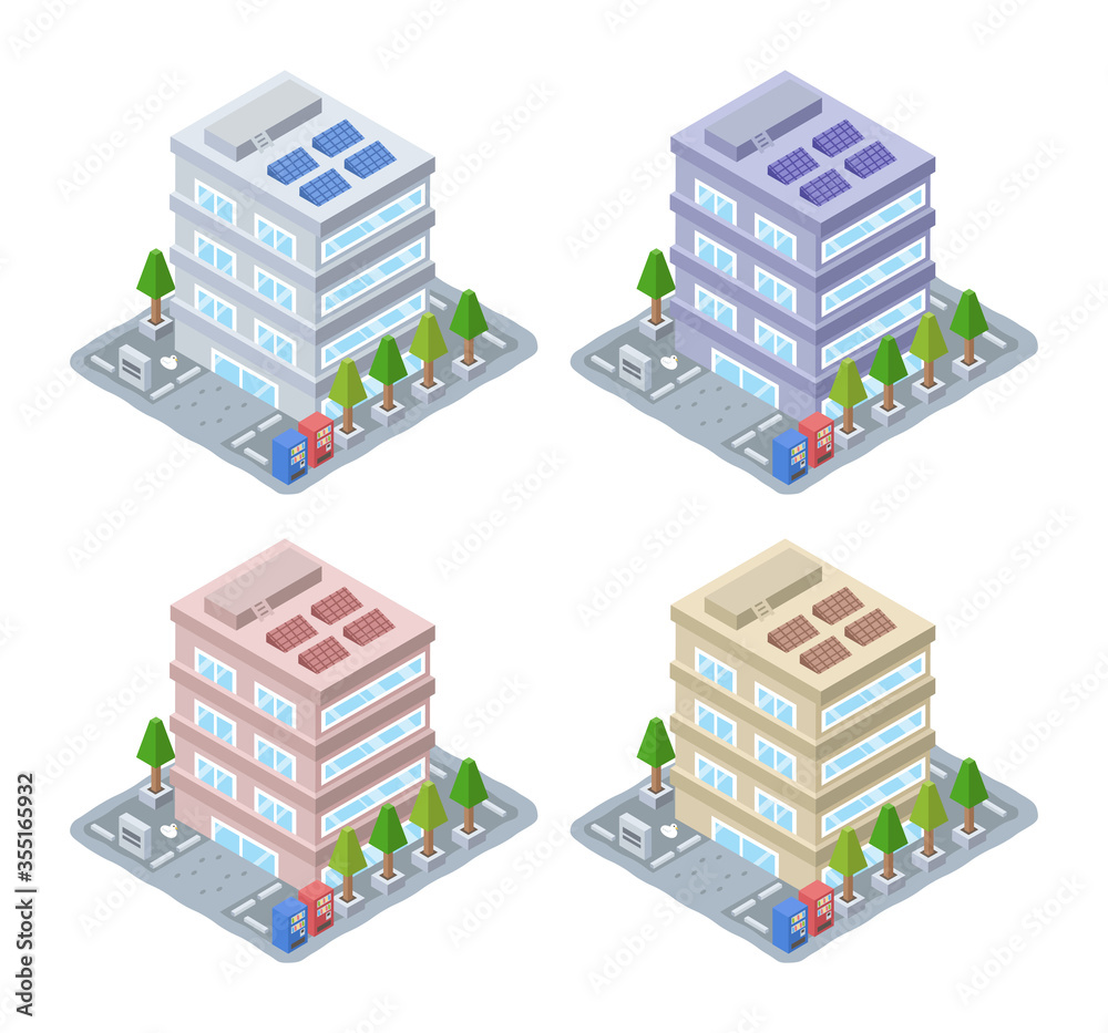 会社のビルのイラスト（4種類のカラーバリエーション）