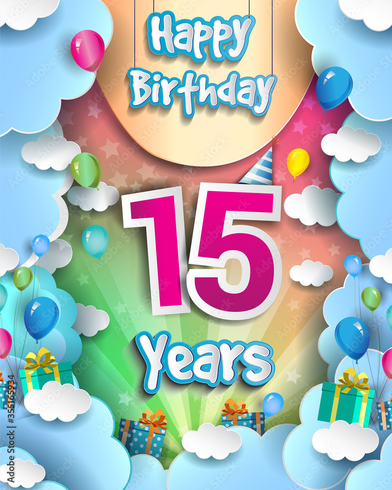 15th Years Birthday Design for greeting cards and poster, with clouds and gift box, balloons. design template for anniversary celebration.