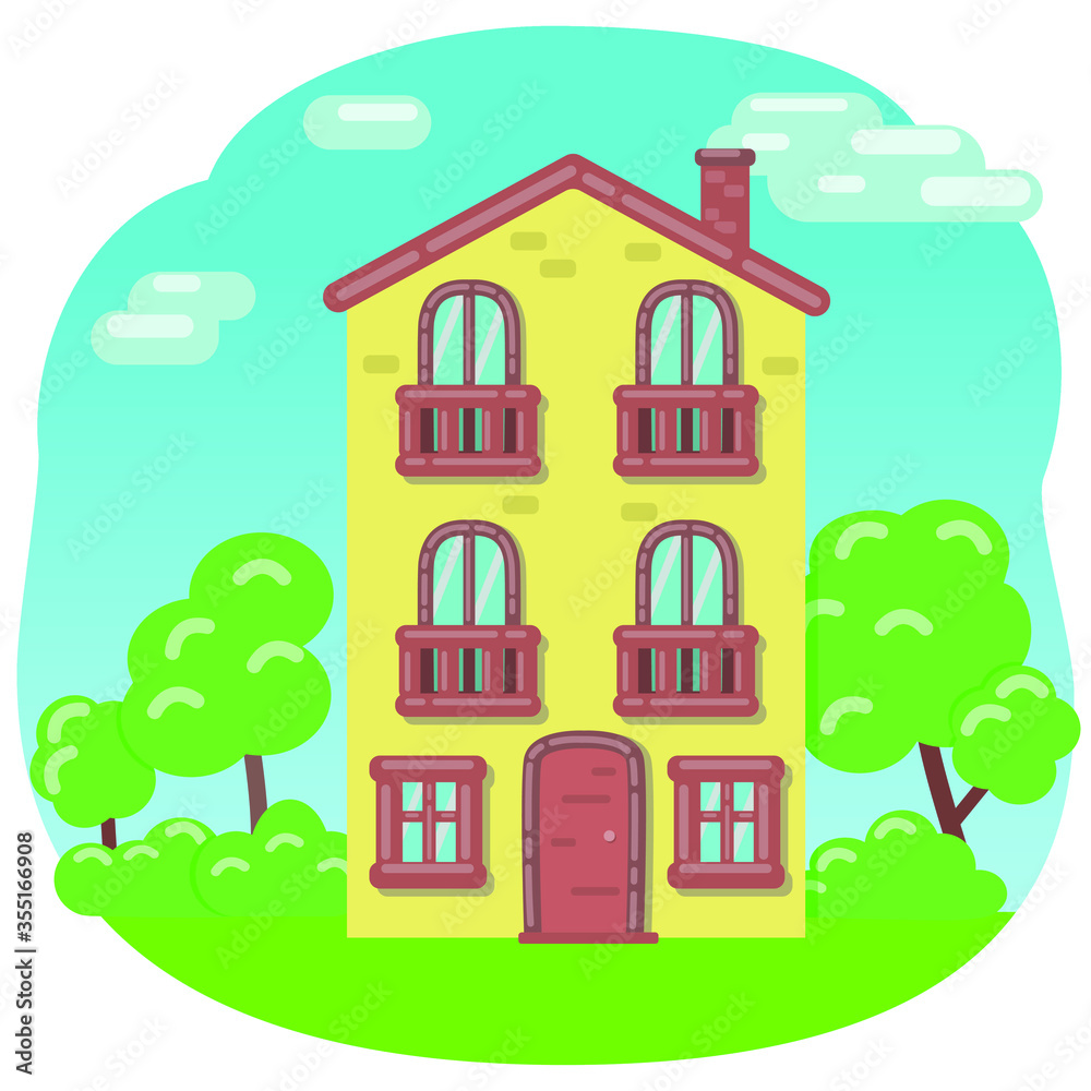 Cartoon house in the flat style. Isolated vector image. House with trees and clouds in sky