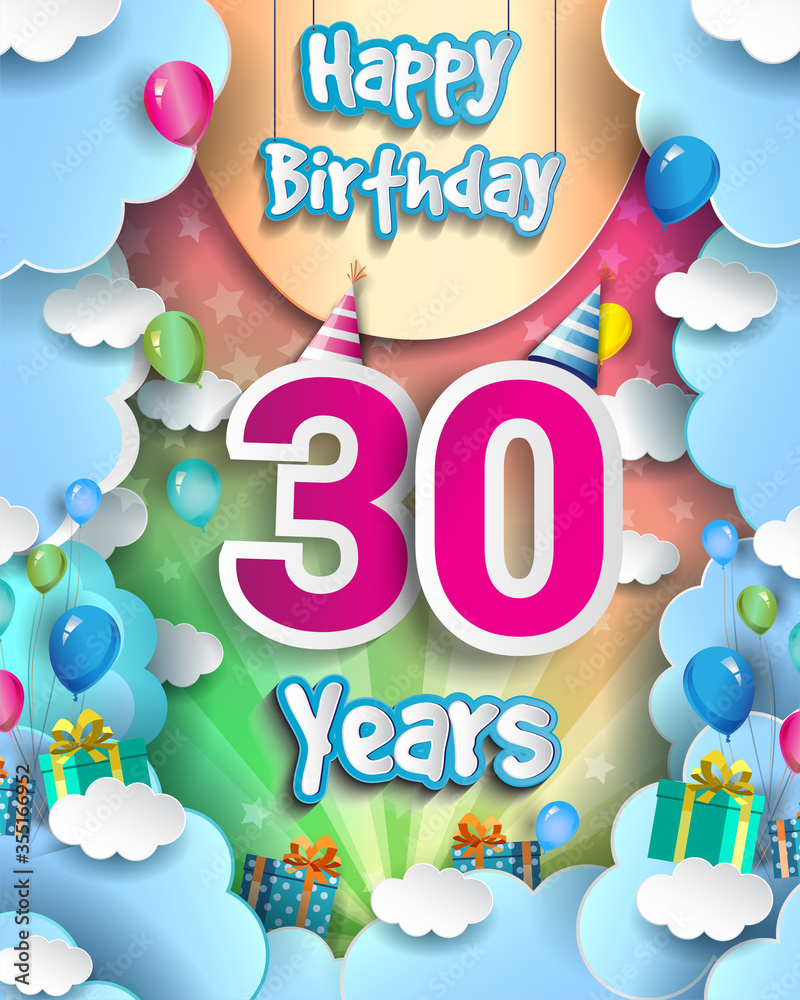 30th Years Birthday Design for greeting cards and poster, with clouds and gift box, balloons. design template for anniversary celebration.
