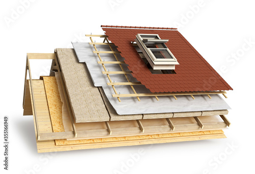 Layered scheme of roof covering and window installing, 3d illustration