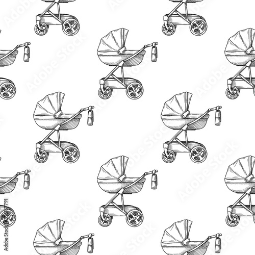 Seamless pattern. Pram, baby carriage on a white background. Vector illustration